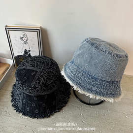 26春季牛仔印花做旧毛边短檐渔夫帽防晒遮阳百搭盆帽情侣水桶帽子