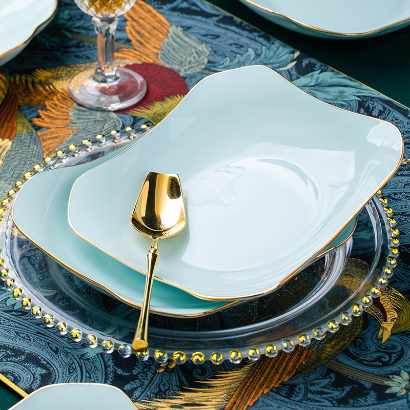 Dishes Set Jingdezhen Ceramic Tableware Plate Square Plate Big Fish Plate Light Luxury Simple Handmade Gold Diamond Plate