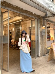 2025新款甜美风薄款减龄印花长袖T恤女秋季宽松蓝色半身裙两件套