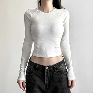 European and American style 2024 Winter new women's cross printed long-sleeved hot girl slim-fit underwear T-shirt