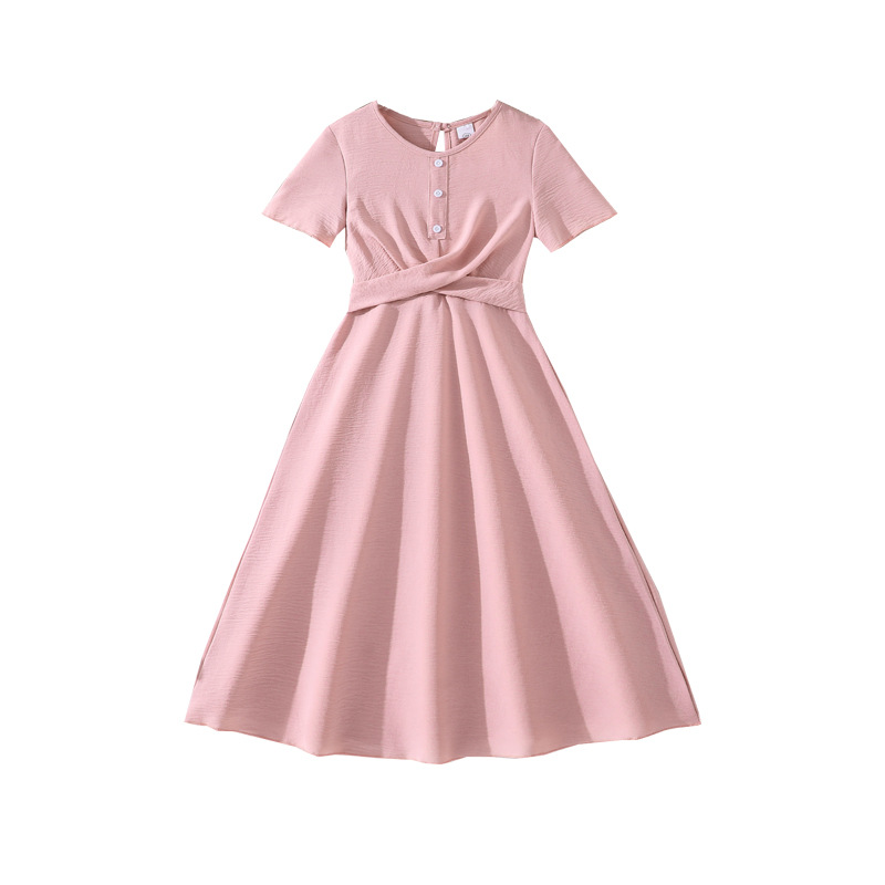 Europa y América trajes de niñas transfronterizos 2026 primavera y verano nuevo estilo elegante color sólido cuello redondo mangas cortas un vestido de falda larga image 5