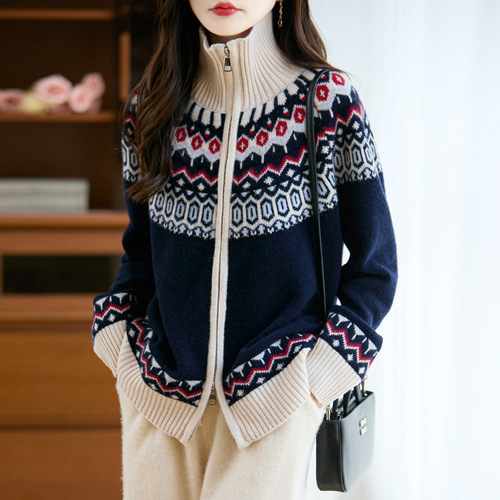 Fair Island Jacquard wool cardigan women's thick knitted sweater coat Age-reducing autumn and winter women's top new