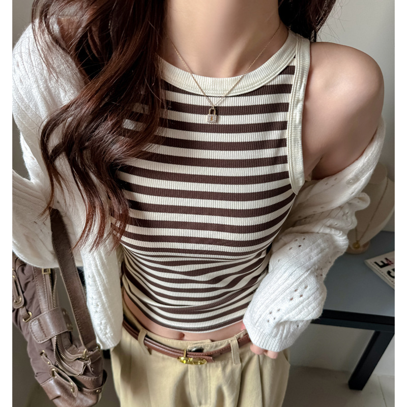 Vintage Striped Spring and Summer Bottoming Vest Women's Sleeveless Design Sense Outer Wear Sling Slim-fit Slim-fit Top Vintage Striped Spring and Summer Bottoming Vest Women's Sleeveless Design Sense Outer Wear Sling Slim-fit Slim-fit Top