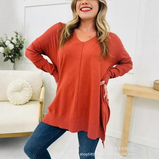 2024 Amazon Independent Station European and American Cross-border Women's Sewing Front Sweater Loose Knitted Shirt Long Sleeve Top Women