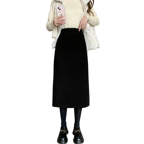 Real shot of spring small European cotton velvet skirt women's mid-length hip-hugging skirt high-waisted A-line skirt