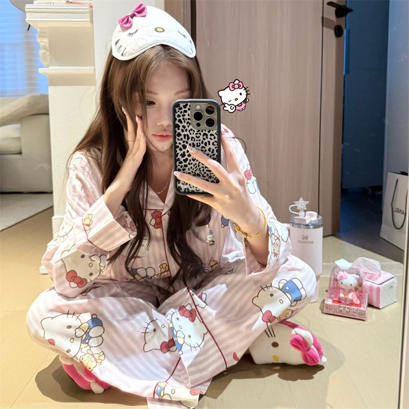 Cross-Border New Japanese Sweet Cute Embroidered Kt Catwoman Spring and Summer Casual Sweet Cartoon Long-Sleeve Set Loungewear