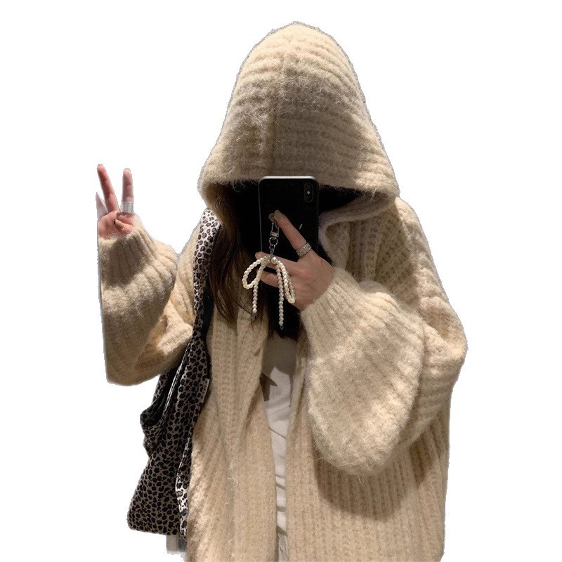 跨境连帽毛衣开衫外套女款2025新款秋冬季宽松慵懒风中长款针织衫|undefined