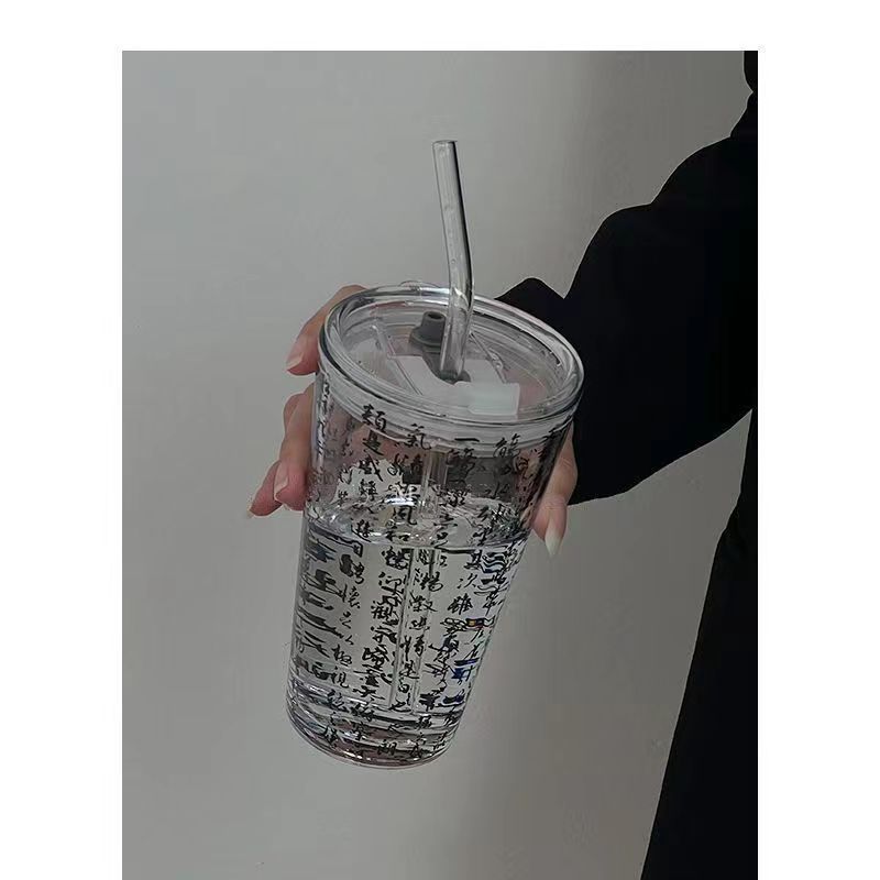 ins少女心玻璃吸管水杯 可愛高顏值刻度水杯 加蓋牛奶玻璃水杯