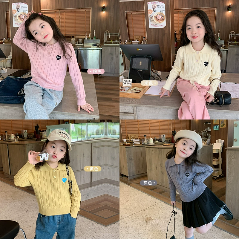 Детский трикотажный топ Elmo Beibei с сердечками, осенний короткий стильный трикотаж ПОЛО для девочек с маленькими лацканами