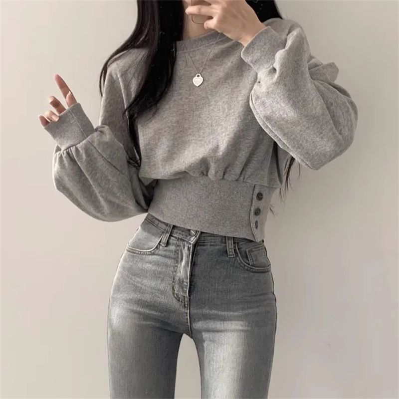 短款卫衣小众设计感圆领系扣加绒卫衣无帽韩系秋冬上衣女装|undefined