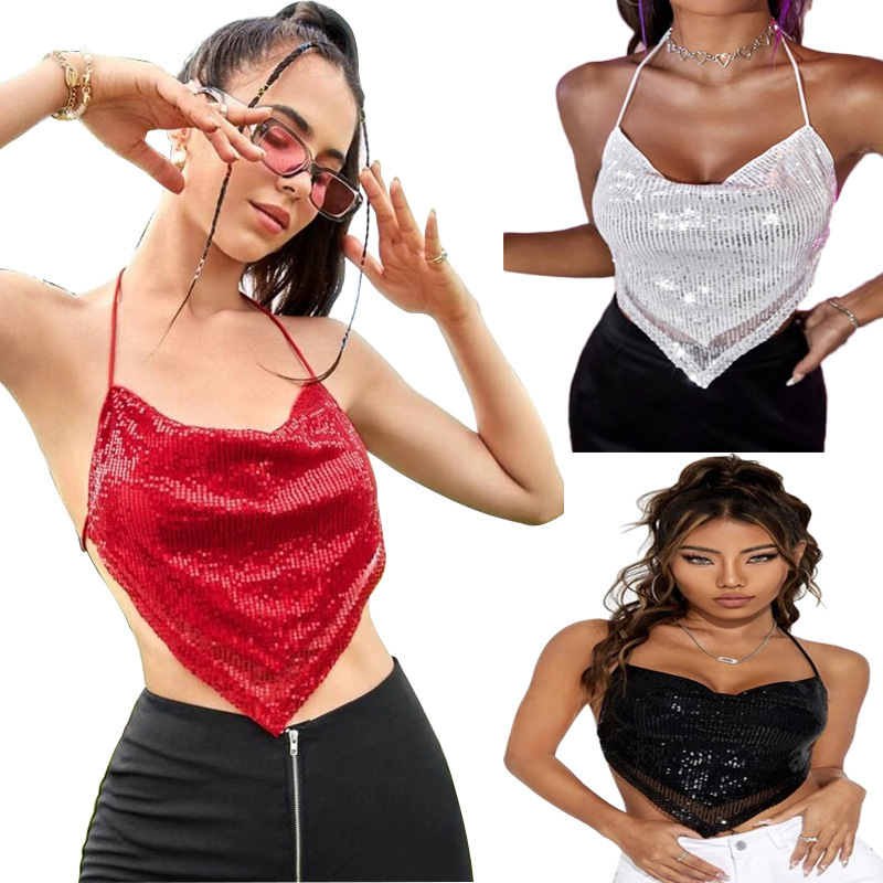 Cross-border Amazon wish foreign trade Women's sexy sequins suspenders small vest lace-up chest-wrapped top women's spot