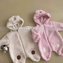 儿童ins摇粒绒连体衣2025冬新品 婴幼儿小熊耳朵加绒连帽韩版爬服