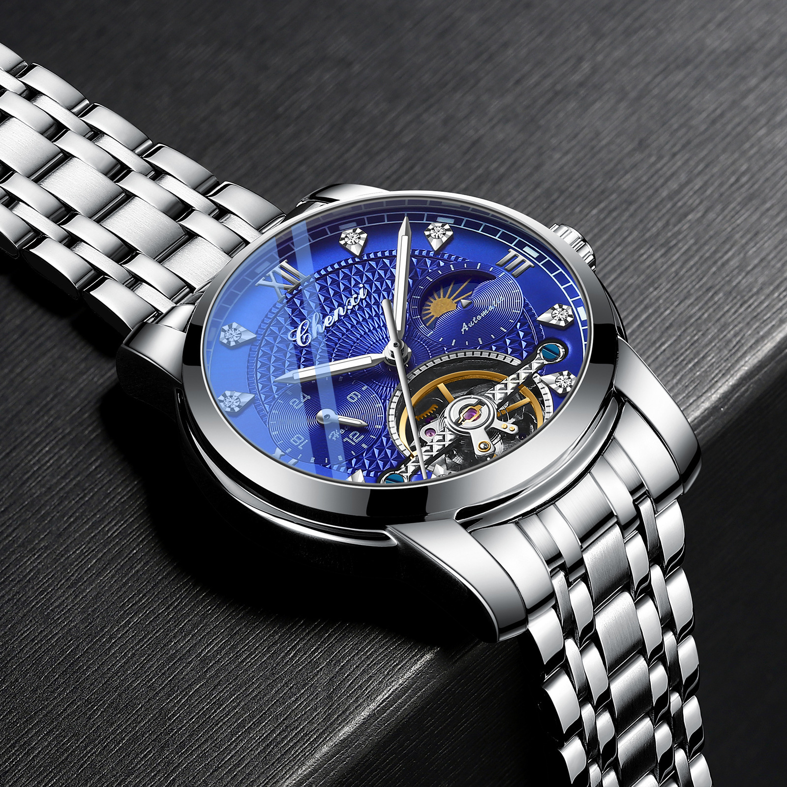 Chenxi volante hueco Sun Moon Star correa de acero impermeable reloj mecánico automático luminoso 8870