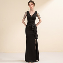 黑色晚礼服女年会气质轻奢小众高端高级感名媛性感开叉拖尾连衣裙