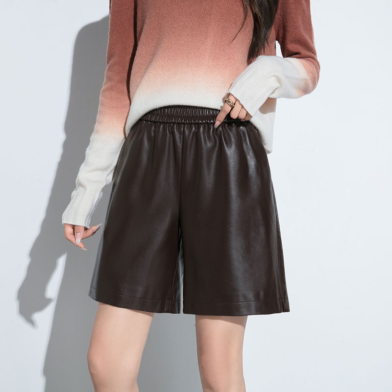 2025 Autumn and Winter New Style Genuine Leather Shorts for Women, Sheepskin High-Waisted Five-Point Pants, Elastic Waist Wide-Leg Mid-Length Pants, Straight-Leg Leather Pants