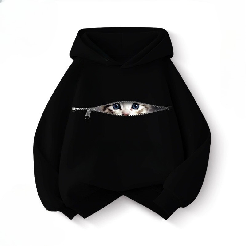 Children's Outdoor Fashion Zipper Cat Sweatshirt Autumn and Winter New Hooded Boys and Girls Thickened Fleece Casual Pullover