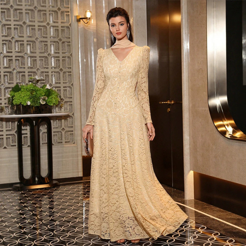 KY2777 Women's Solid Color Lace V-Neck Long Sleeve Slim Fit Floor-Length Dress Wedding Party Evening Gown KY2777 Women's Solid Color Lace V-Neck Long Sleeve Slim Fit Floor-Length Dress Wedding Party Evening Gown