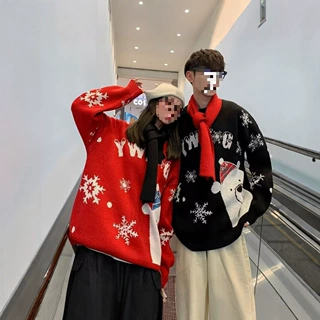 圣诞情侣毛衣男女同款宽松慵懒风圆领套头针织衫秋冬雪花雪人图案