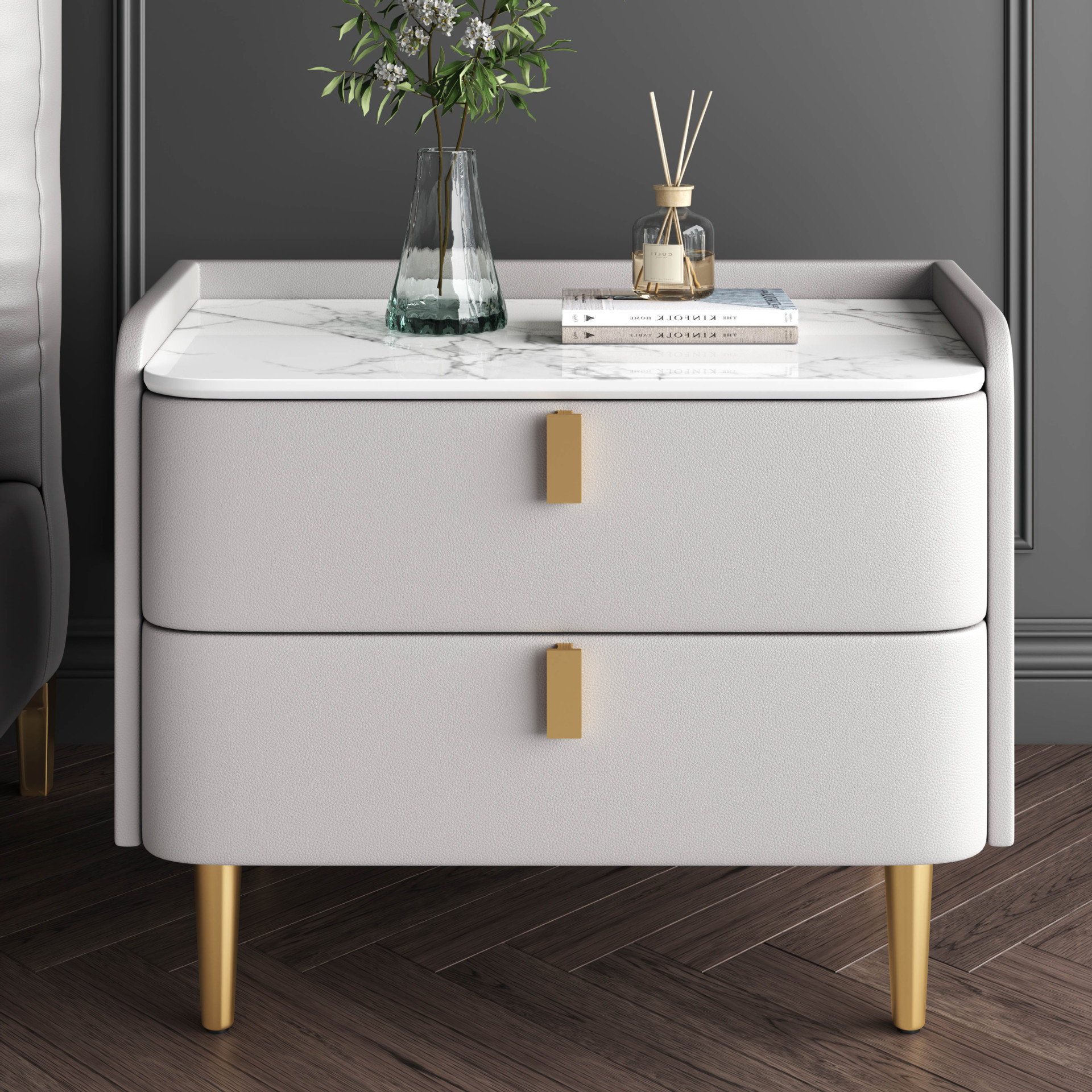 Direct selling light luxury bedside table solid wood modern minimalist bedroom cabinet minimalist leather slate Nordic bedside table