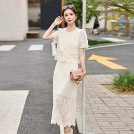 米白色蕾丝套装连衣裙女2025夏季新款气质短袖半身裙两件套ME5592
