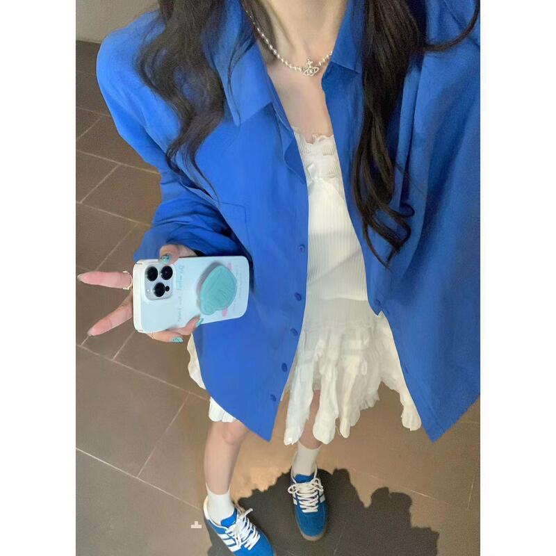 秋秋款超显白氛围感蓝色棉衬衫单穿内搭叠穿宽松百搭衬衣外搭潮|undefined
