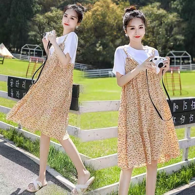 Pregnant Women's Summer dress Fake Two-piece Chiffon Floral Sling dress Cotton Short-sleeved Age-reducing Mid-length Pregnant Women's Dress