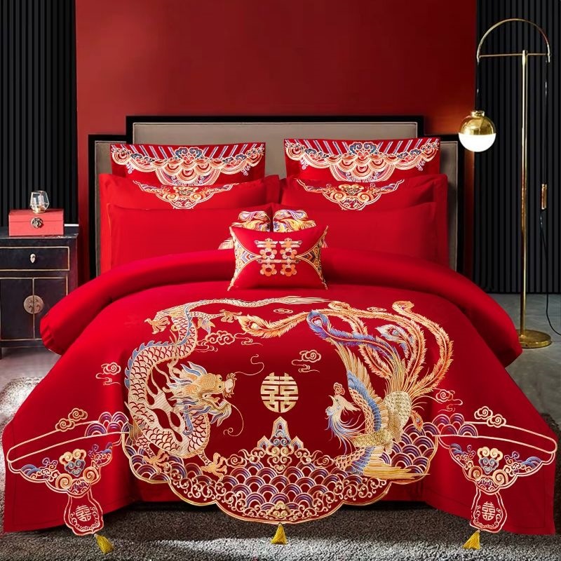 Cuatro piezas de boda china dragón-fénix bordado sábanas de boda rojas casa de boda colcha de cama image 37