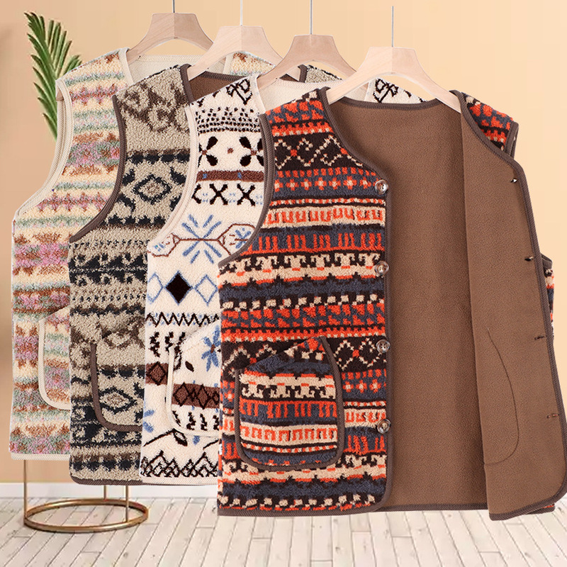 Retro casual Fair Isle patterned shearling vest for women, featuring a stand-up collar and double-sided fleece lining for warmth Retro casual Fair Isle patterned shearling vest for women, featuring a stand-up collar and double-sided fleece lining for warmth