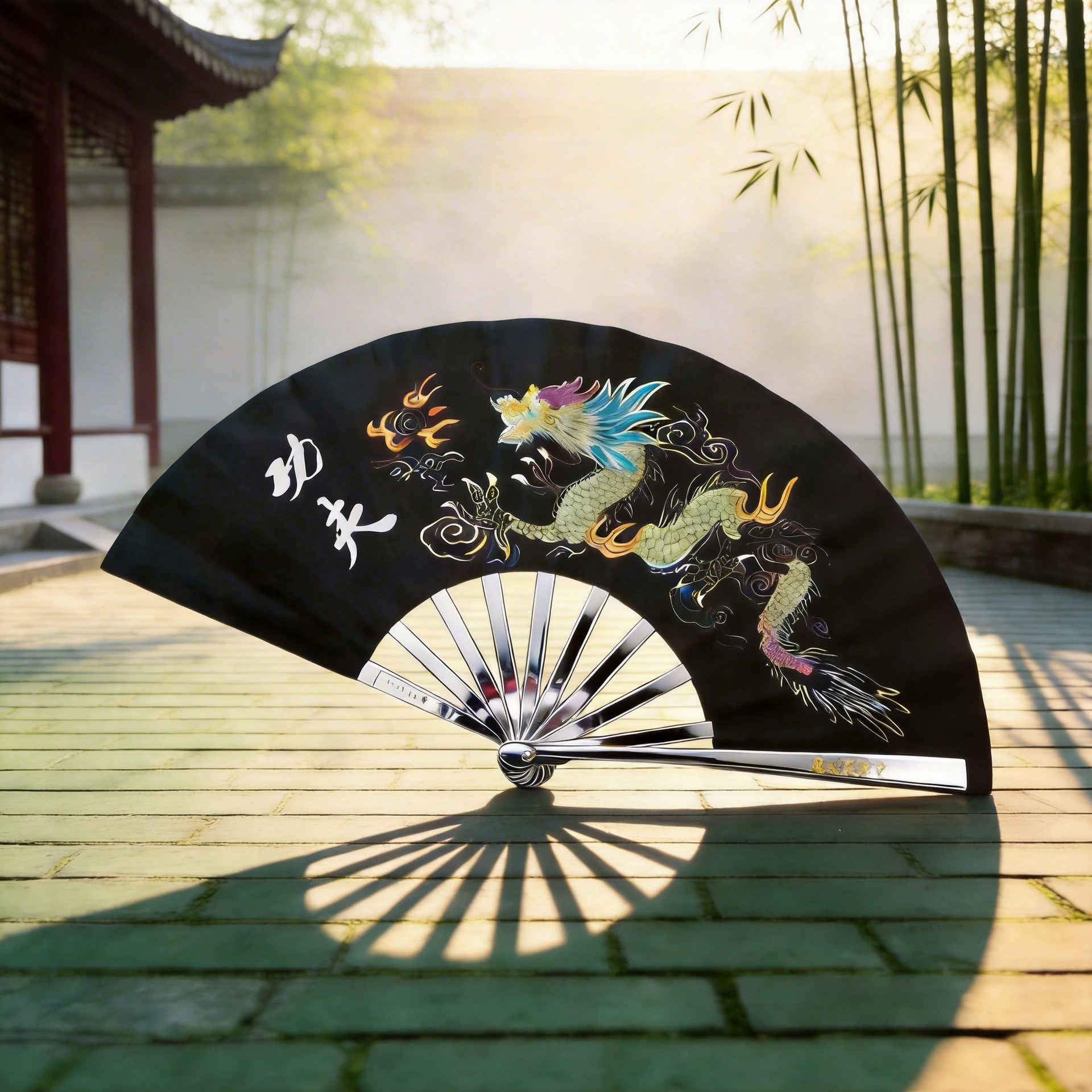 锌合金一尺边骨太极扇龙纹黑色手工锻打龙铁扇双节棍雙節棍武术棍