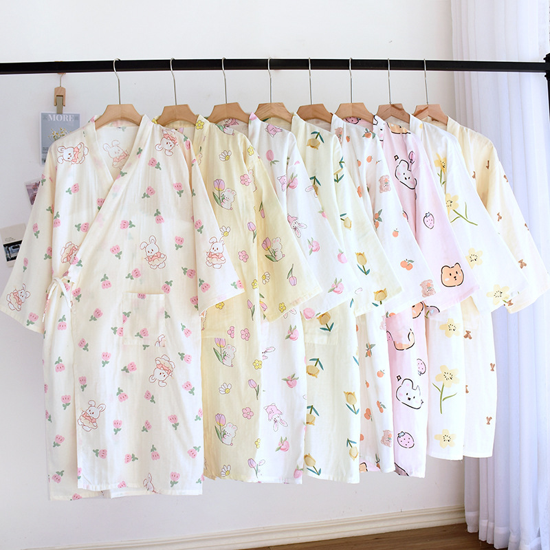 Summer Japanese style kimono pajamas cotton double-layer gauze nightgown Women's Mid-length cardigan Japanese style lace-up cotton bathrobe
