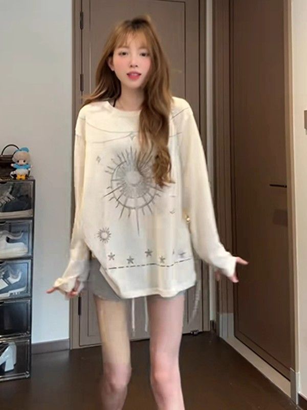 防晒罩衫女2025新款夏长袖t恤正肩宽松辣妹巨好看白色上衣潮流ins|undefined