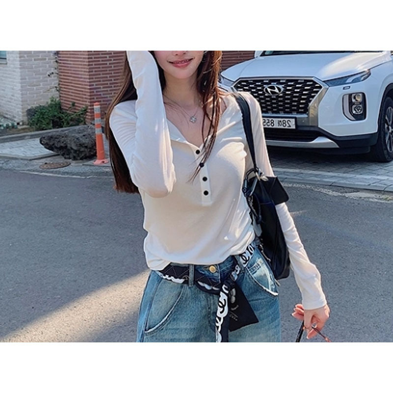 法式韩女亨利领chao舒服！撞色扣长袖打底tee上衣 女2025夏季新款|undefined