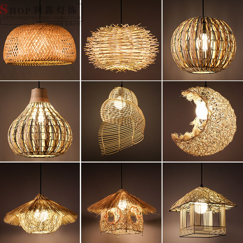 Vintage Rattan Art Chandelier Woven Round Bird's Nest Straw Hat Japanese Style Pastoral Hotel Restaurant Nongjiale Bamboo Art Lamp