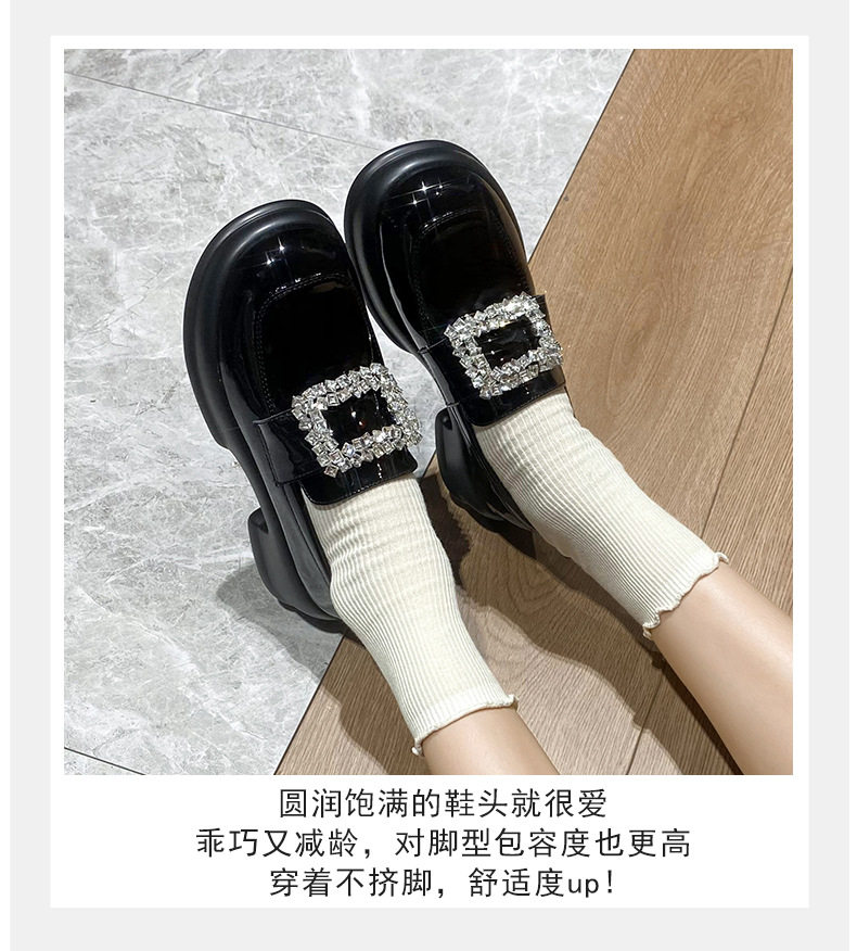 Giày lười nữ đế dày da bóng khóa vuông đính đá, gót thô 3-5 cm — Màu đen chi tiết 8