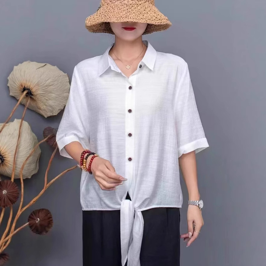 天丝短袖棉麻衬衫女夏2025新款中年妈妈宽松减龄夏装薄款休闲衬衣