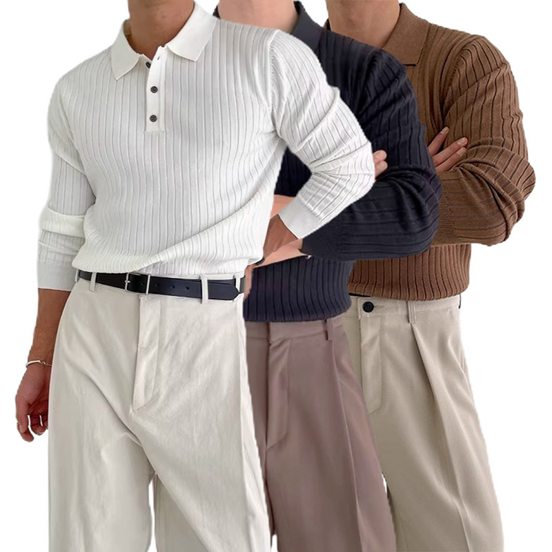 Cross-Border Popular European Size Large Size Long-Sleeved Knitwear Men's Spring & Fall Light and Mature Slim Business T-Shirt Factory Wholesale