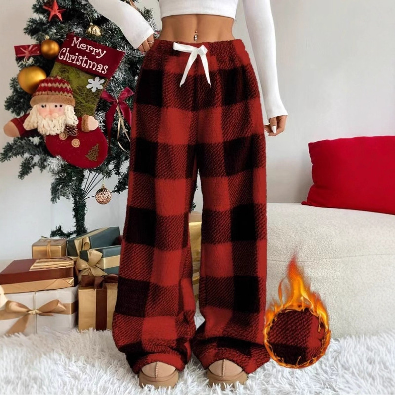 In-Stock Amazon Aliexpress Tk Autumn and Winter Cross-Border Dropshipping Women's Lace-Up Plaid Print Casual Wide-Leg Pants