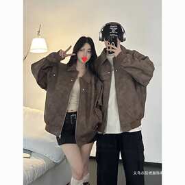 PU皮衣情侣春秋季夹克美式复古棕色翻领酷辣机车外套