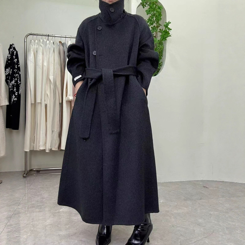 Hepburn Style 2026 Autumn and Winter New Double-Sided Cashmere Stand-Collar Coat, Korean Version, High-End Fashion, Long Style, Women's with Belt Hepburn Style 2026 Autumn and Winter New Double-Sided Cashmere Stand-Collar Coat, Korean Version, High-End Fashion, Long Style, Women's with Belt