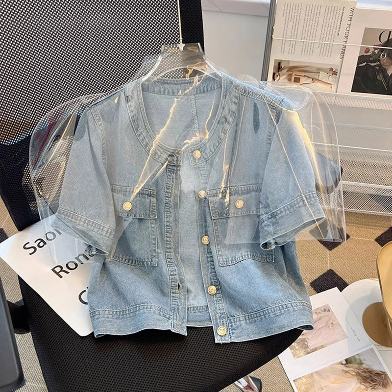 Round Neck Chanel-Style Denim Short-Sleeve Jacket for Women, Summer Thin Slim-Fit Retro Outerwear, Korean Version A3692