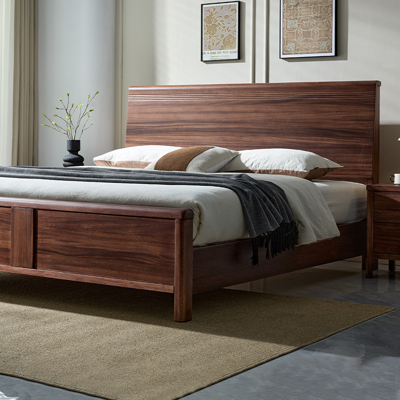 North American Black Walnut Solid Wood Bed with Mortise and Tenon Simple Master Bedroom Large Bed Silent Double Full Solid Wood Thickened Bed Board