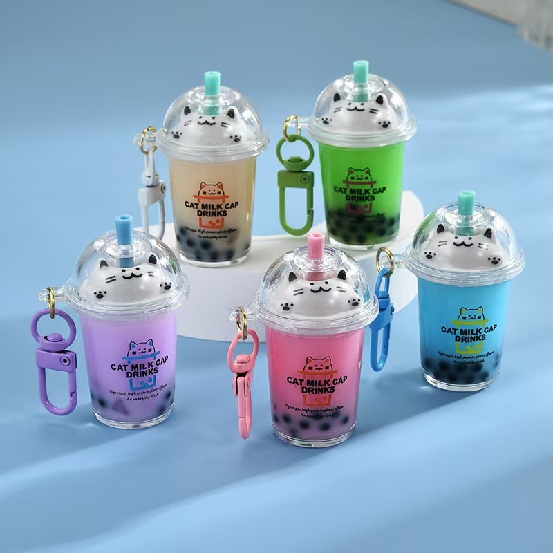 Creative Cute Milk Tea Cup Cat Pearl Milk Tea Keychain Cyber Celebrant Fushy Bottle Car Key Chain Bag Pendant