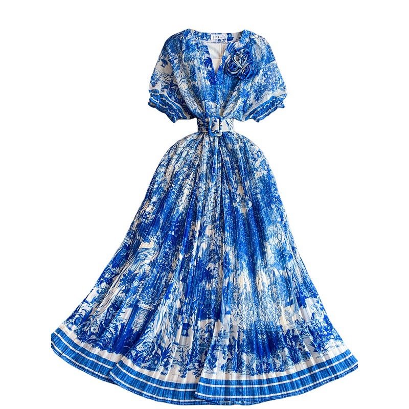 Women's Light French Romantic Style Tie Dye Floral Print Round Neck Dress Three Dimensional Flower Summer Slimming Pleated Long Skirt_ecoleips.com