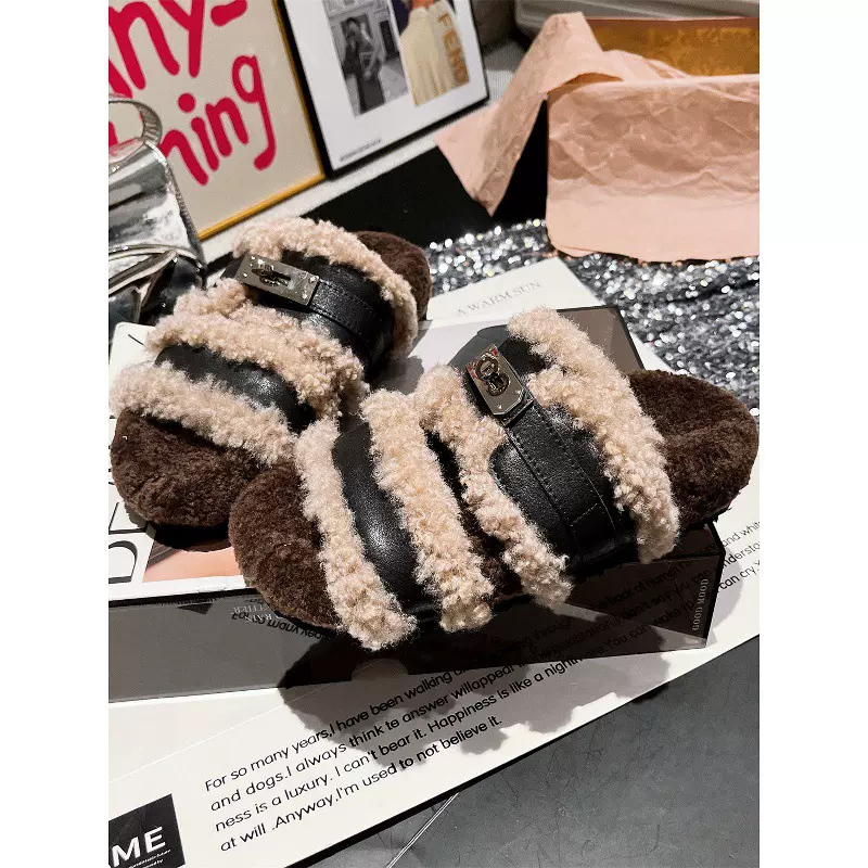 欧货毛鞋金属扣搭扣露趾一字凉鞋托外穿平底鞋拖鞋勃肯女鞋