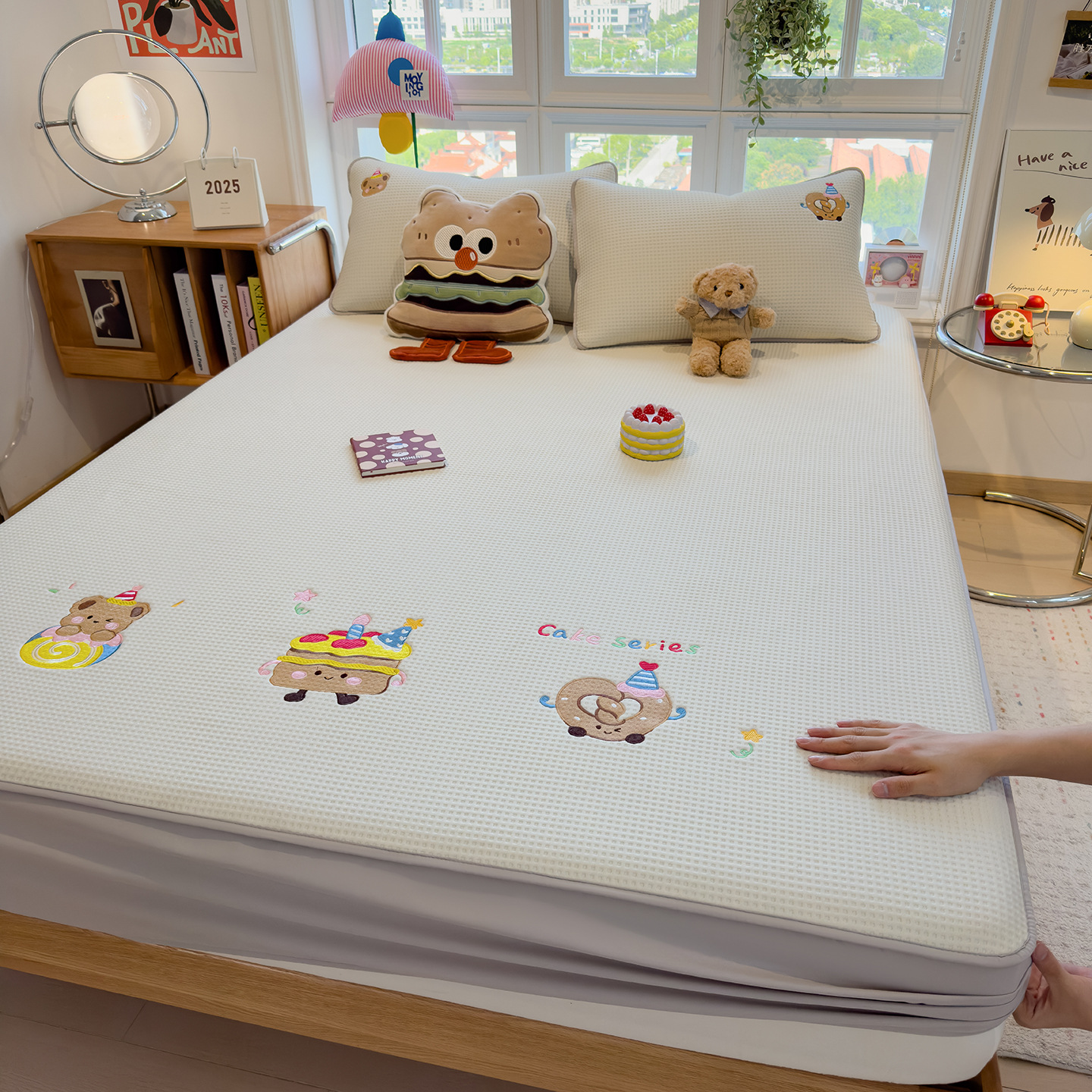 Class a Waffle Cotton Fitted Sheet Single Piece for Naked Sleeping Embroidered Fitted Sheet Three-Piece Set Fully Enclosed Anti-Slip Mattress Protector