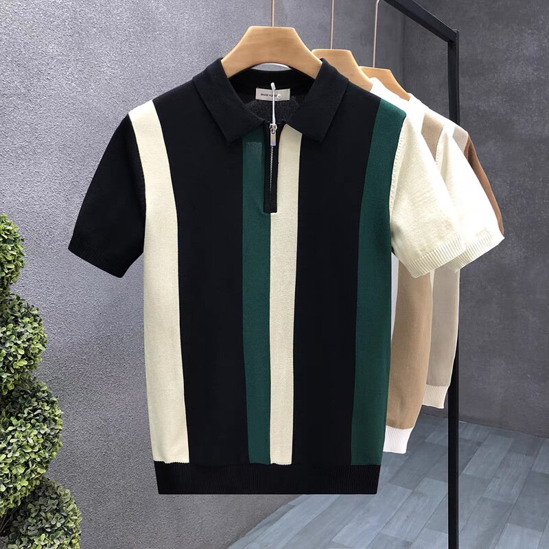 Polo Shirt Lapel Short-Sleeved Knitwear Men's Half-Zip Color Matching British Business Slim Trendy Brand Export Cross-Border Wholesale