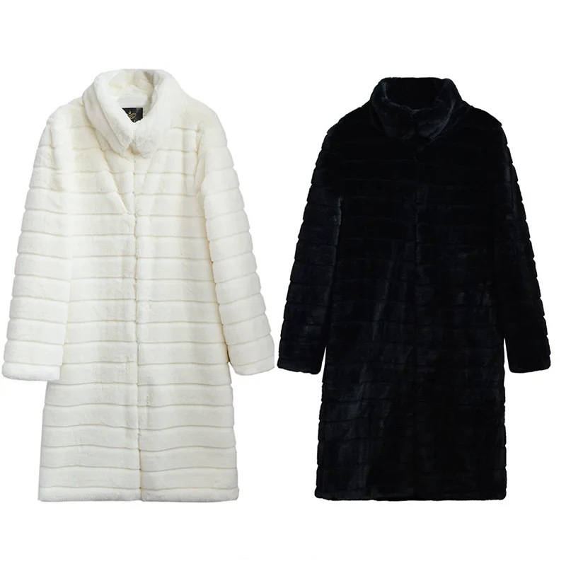 Luxe imitatiebontjas – Winterse elegantie zonder riem (M-XXL, wit/zwart, halflang, opstaande kraag)_voghion.com