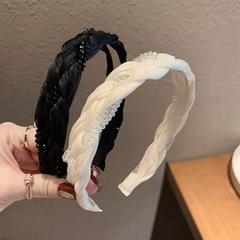 欧根纱水晶发箍女带齿防滑压发洗脸高级感百搭黑白色麻花辫子头箍