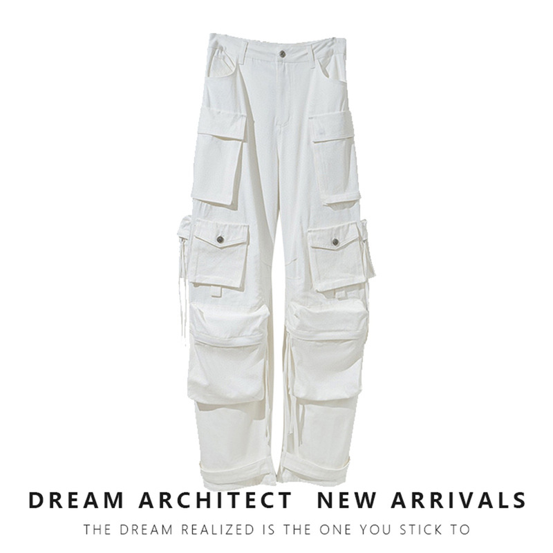 American Street Style 23 Early Spring New Heavy Industry Distressed Washed Ripped Holes Multi-flap Pocket Pants Wide Leg Work Jeans
