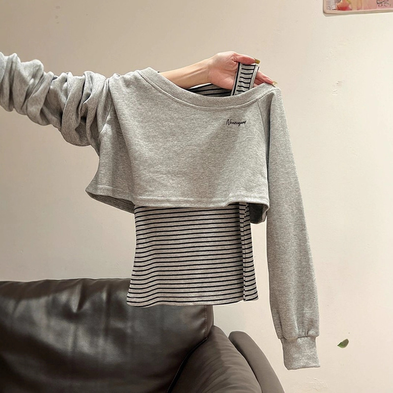 Floral Gray Off-Shoulder Long-Sleeve Striped Sweatshirt for Women, 2026 Autumn/Winter Design, Paired with a Vest Two-Piece Set Top Floral Gray Off-Shoulder Long-Sleeve Striped Sweatshirt for Women, 2026 Autumn/Winter Design, Paired with a Vest Two-Piece Set Top